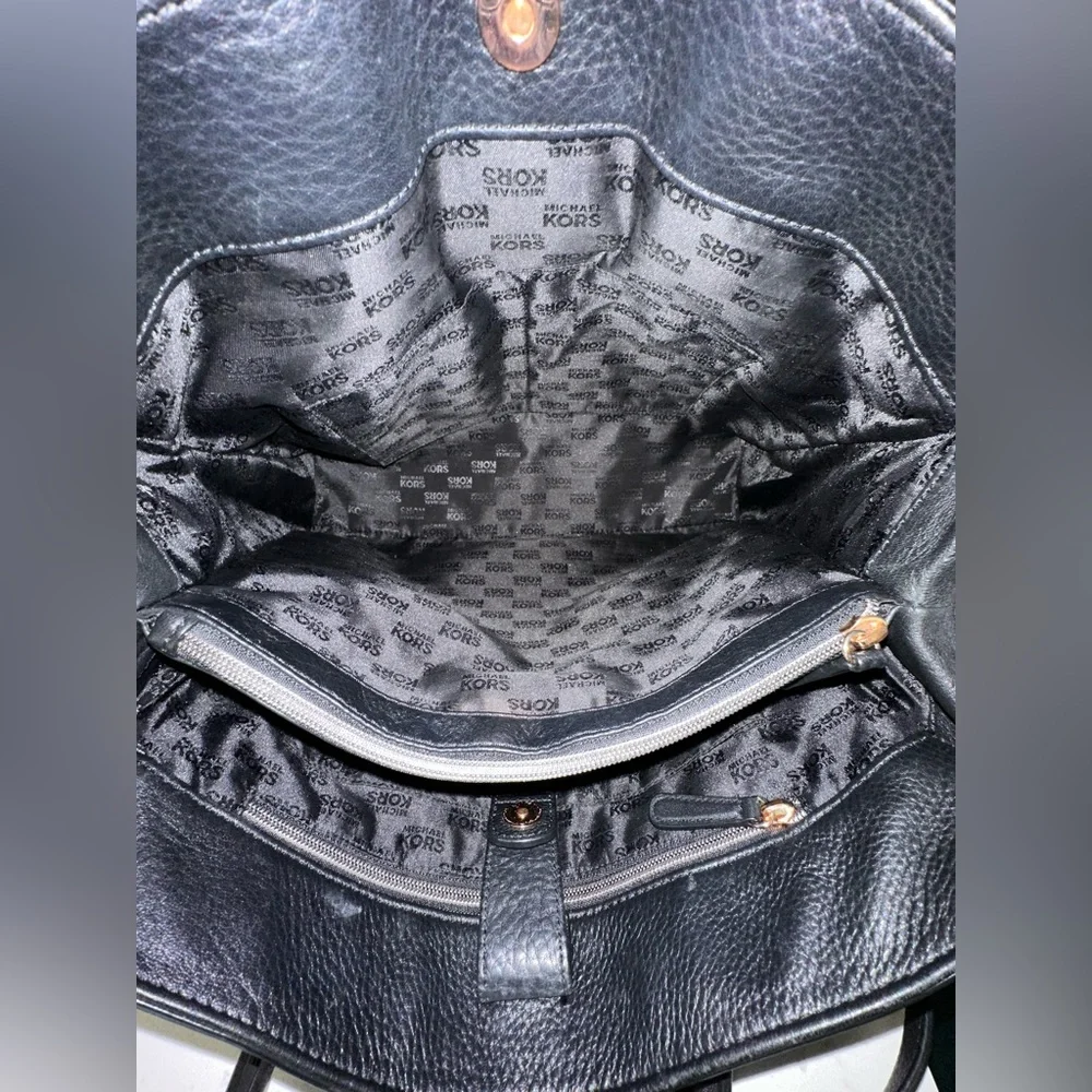 Michael Kors HAMILTON Black Pebbled Leather Satchel Tote Bag Rose Gold Hardware - Picture 8 of 17